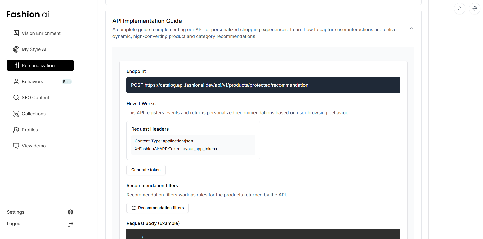 Personalization page with filters button