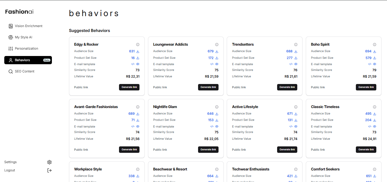 Pantalla Inicial Comportamientos