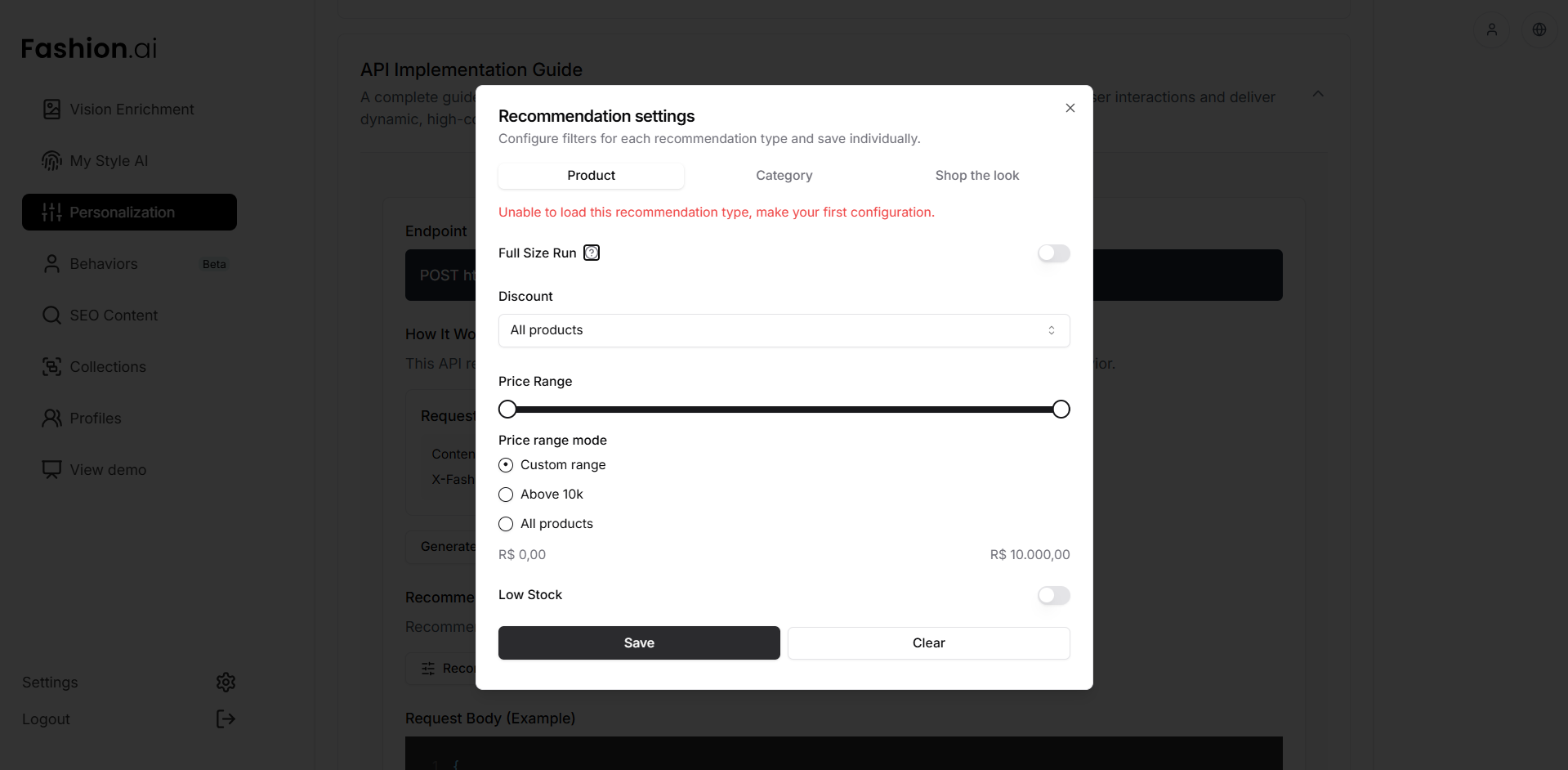 Painel de configurações de recomendação